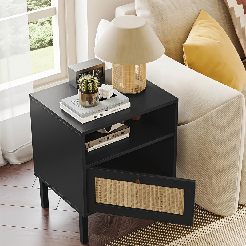 2pcs Set Natural Rattan Nightstands, Boho Bedside Table with Hand-Woven Decorative Door, Black - Ideal for Living Room and Bedroom, Storage Drawer Units