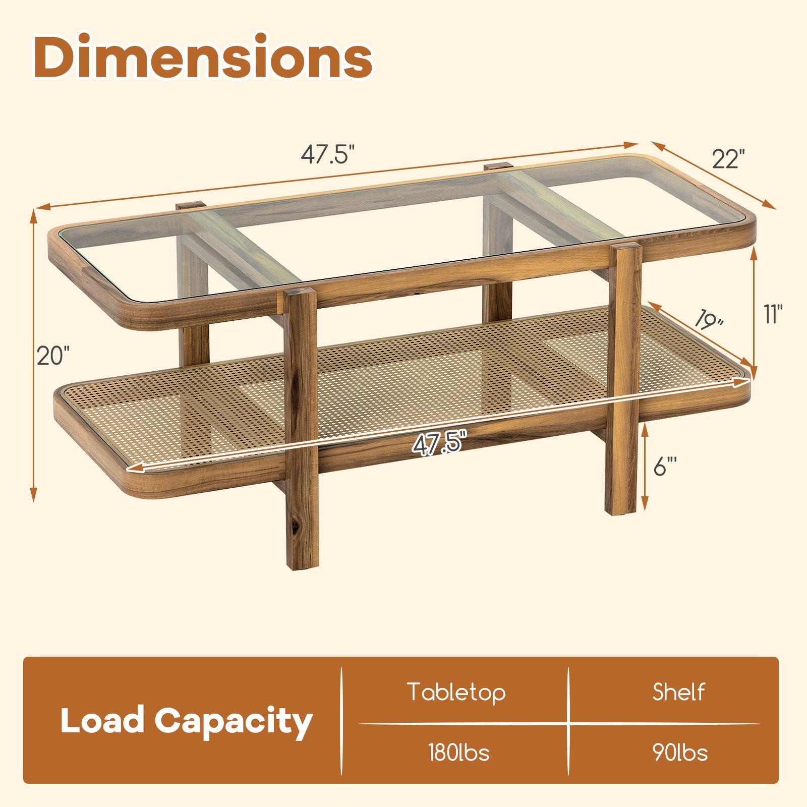 Contemporary 2-Tier Coffee Table, Multifunctional Center Table, Hardwood & Wood-Based Panel Construction, with Tempered Glass Top, PE Rattan Shelf, Acacia Wood Frame for Living Room, Reception & Study