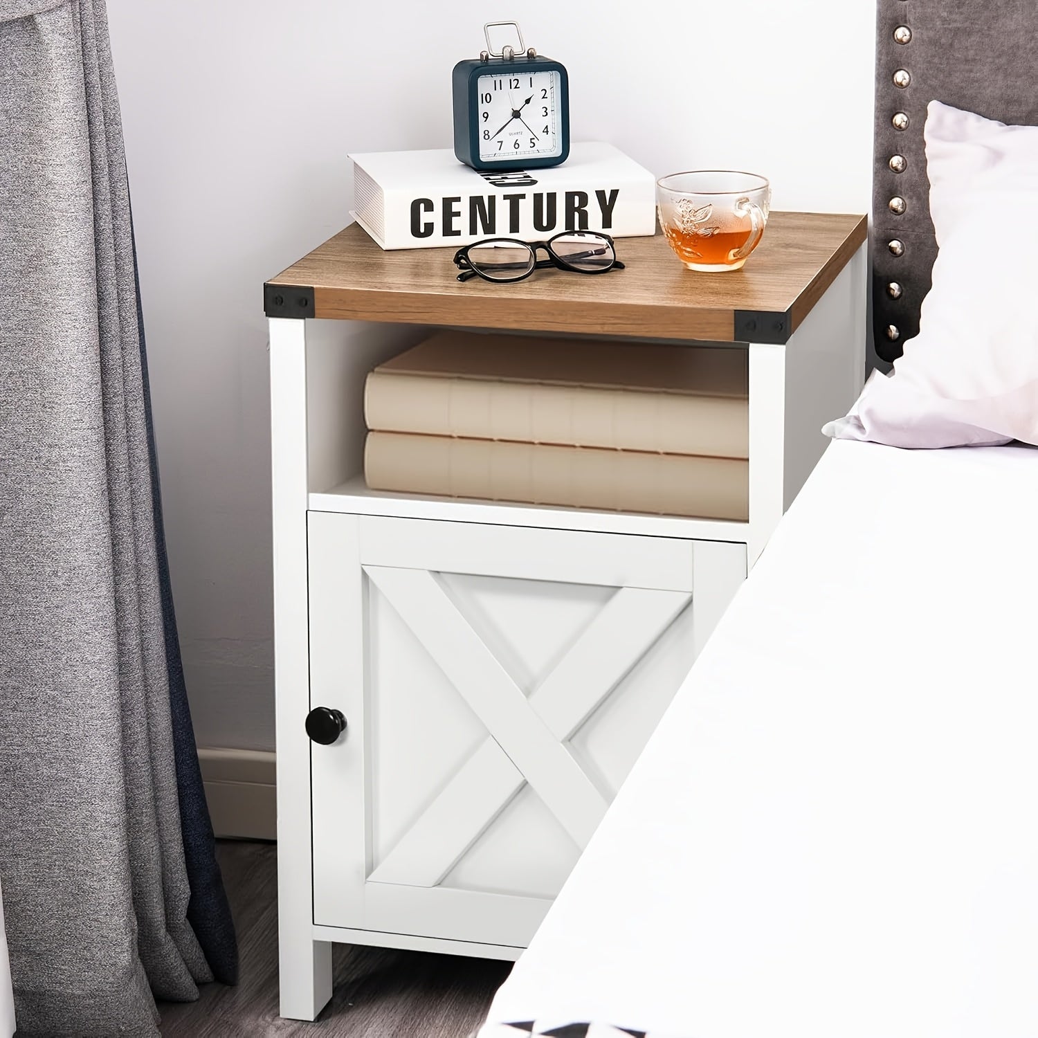 Farmhouse Nightstand, Side Table, End Table With Barn Door And Shelf, Rustic Modern Bed Night Stand For Bedroom Living Room Locker, White Grey Oak For Lab