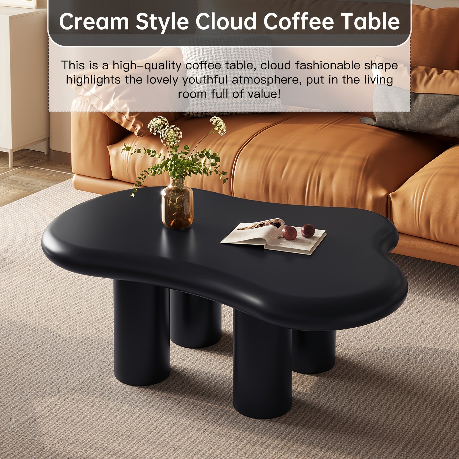 Cloud Coffee Table, Modern Black Coffee Table For Living Room, Cute Irregular Indoor Tea Table With 4 Legs, Easy Assembly