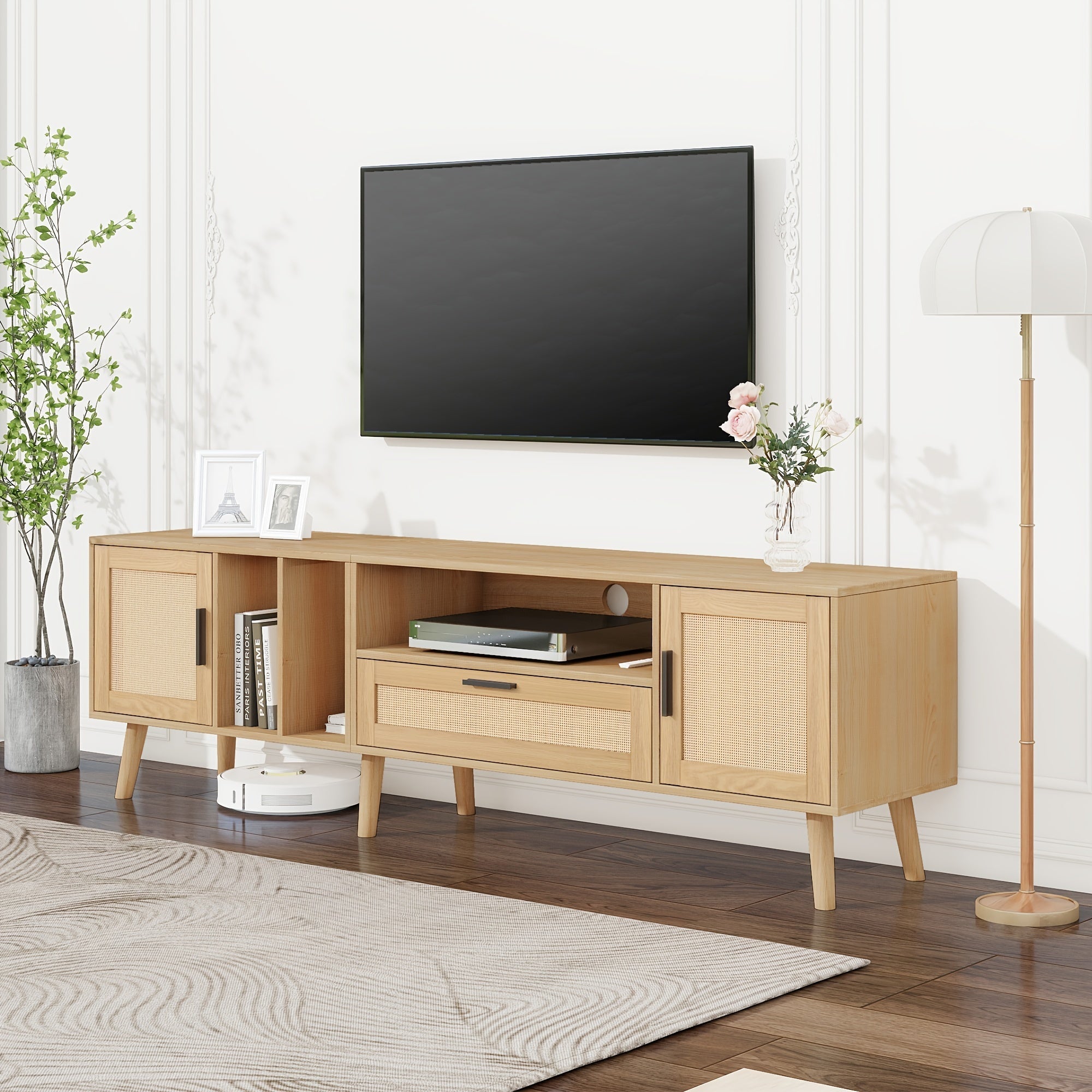 Modern Rattan TV Stand for 80'' TV with 2 Cabinets & 2 Open Shelves, Rattan-Style Media Console with Solid Wood Legs, Entertainment Center for Living Room, Bedroom, Home Theater