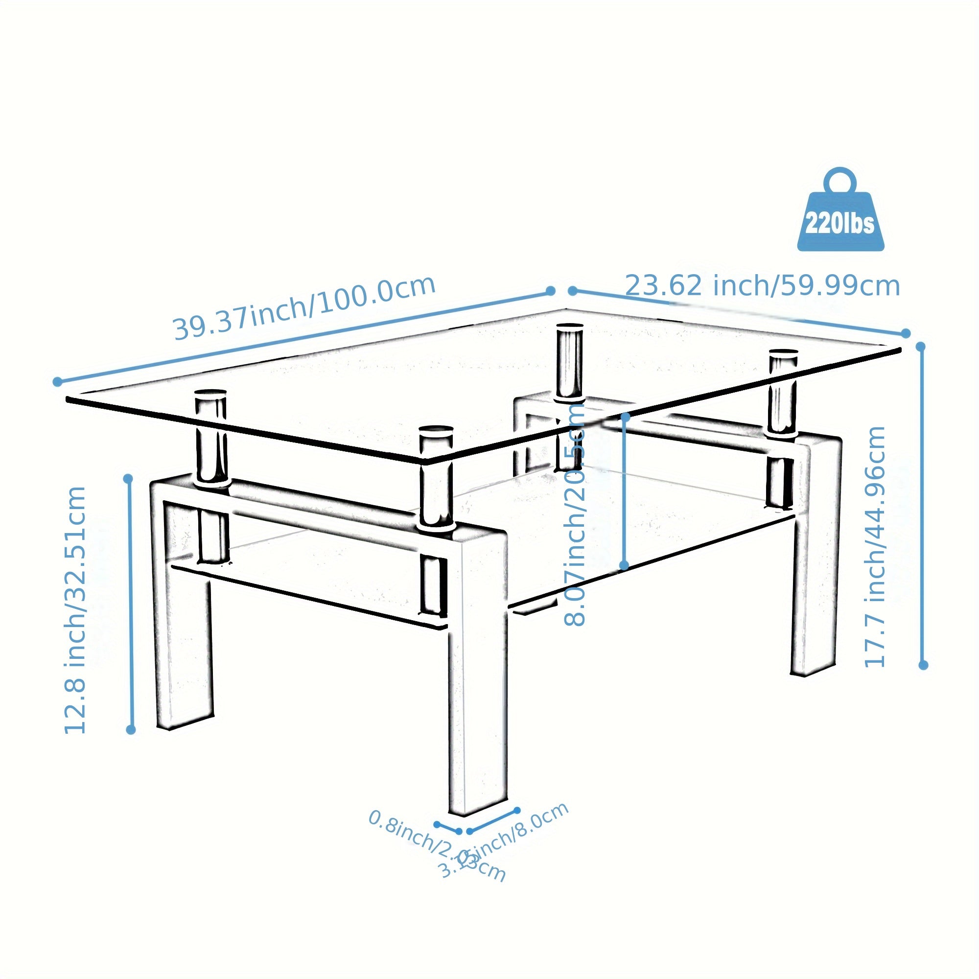 Classic Style Rectangular Tempered Glass Coffee Table with Metal Frame, Durable Living Room Centerpiece with Modern White Accents, Leisure & Home Office Compatible, No Assembly Required