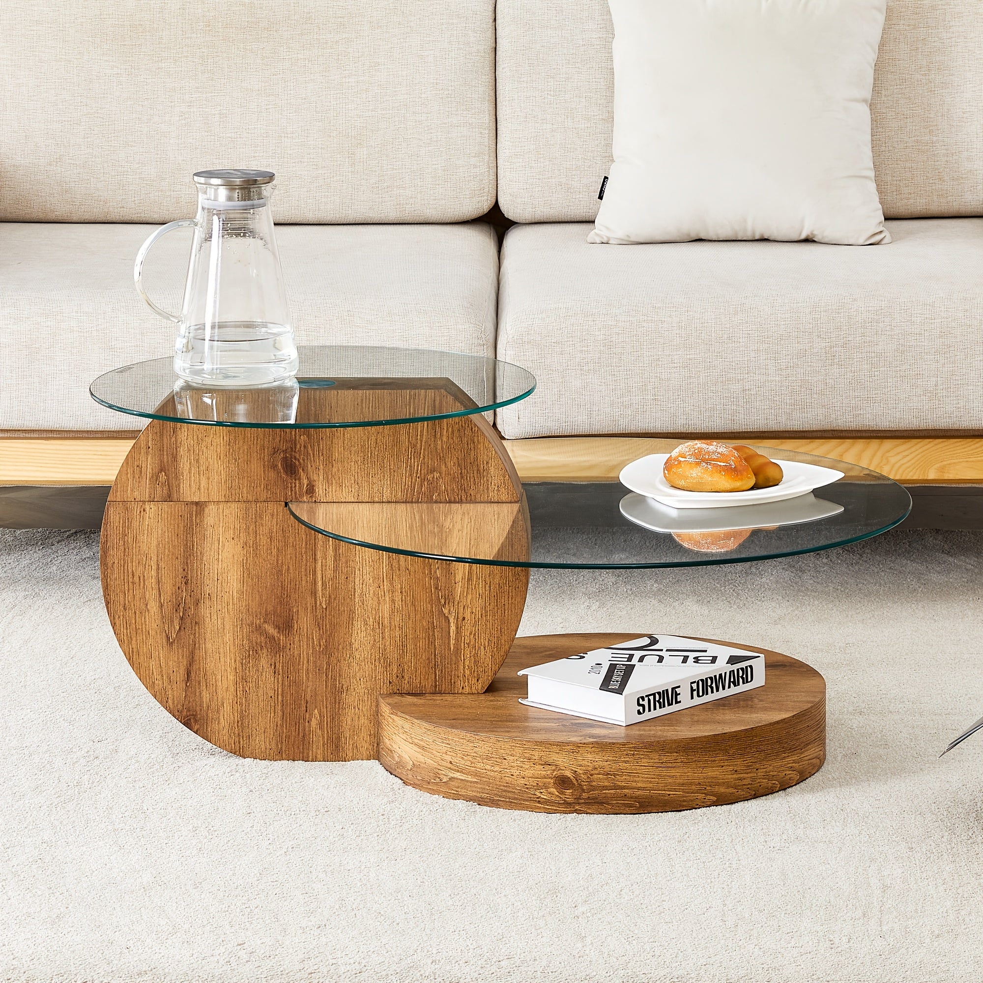 Glass Coffee Table, Modern Round Tempered Glass Coffee Tables For Living Room, 3-Tier Circle Wood Coffee Table With Storage Clear Cocktail Table For Small Space Home Office