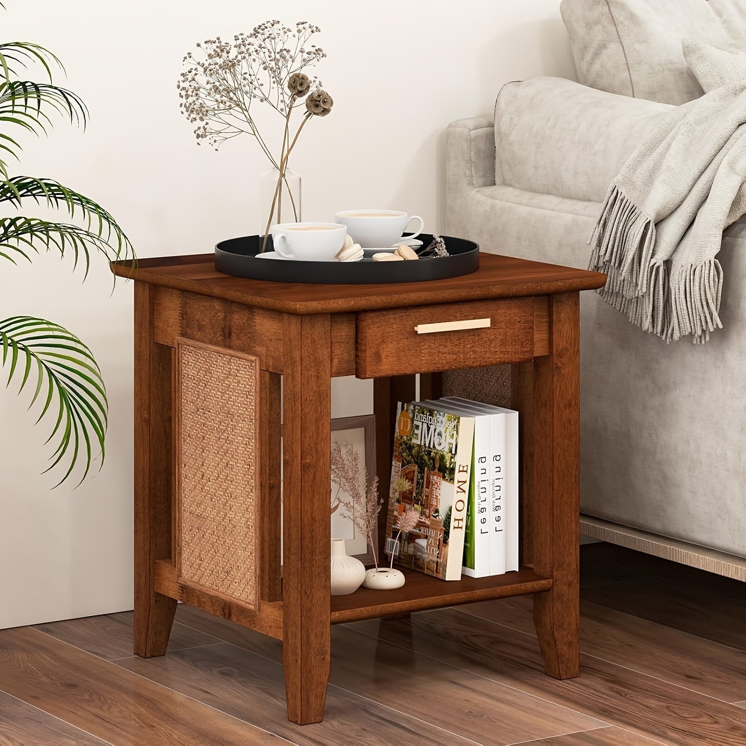 Rattan Nightstand With Drawer, Mid Century End Table With Storage Shelf, Sofa Side Table With Solid Rubber Wood Legs, Square Bedside Table For Bedroom, Small Spaces, Walnut