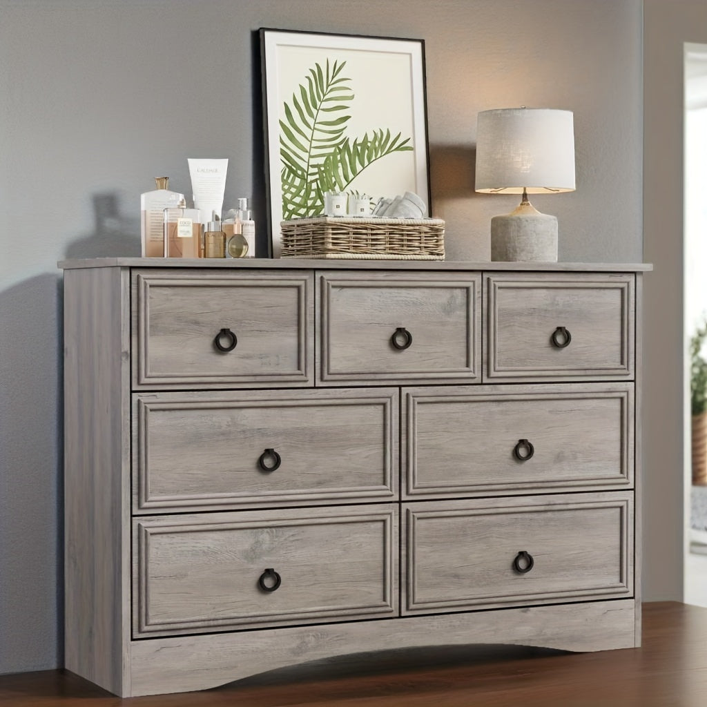 Gray Dresser for Bedroom with 7 Drawers, Modern Farmhouse Wide Chest of Drawers, Storage Organizer Unit with Metal Slides & Drawer Bottom Support for Closet, Living Room, Hallway