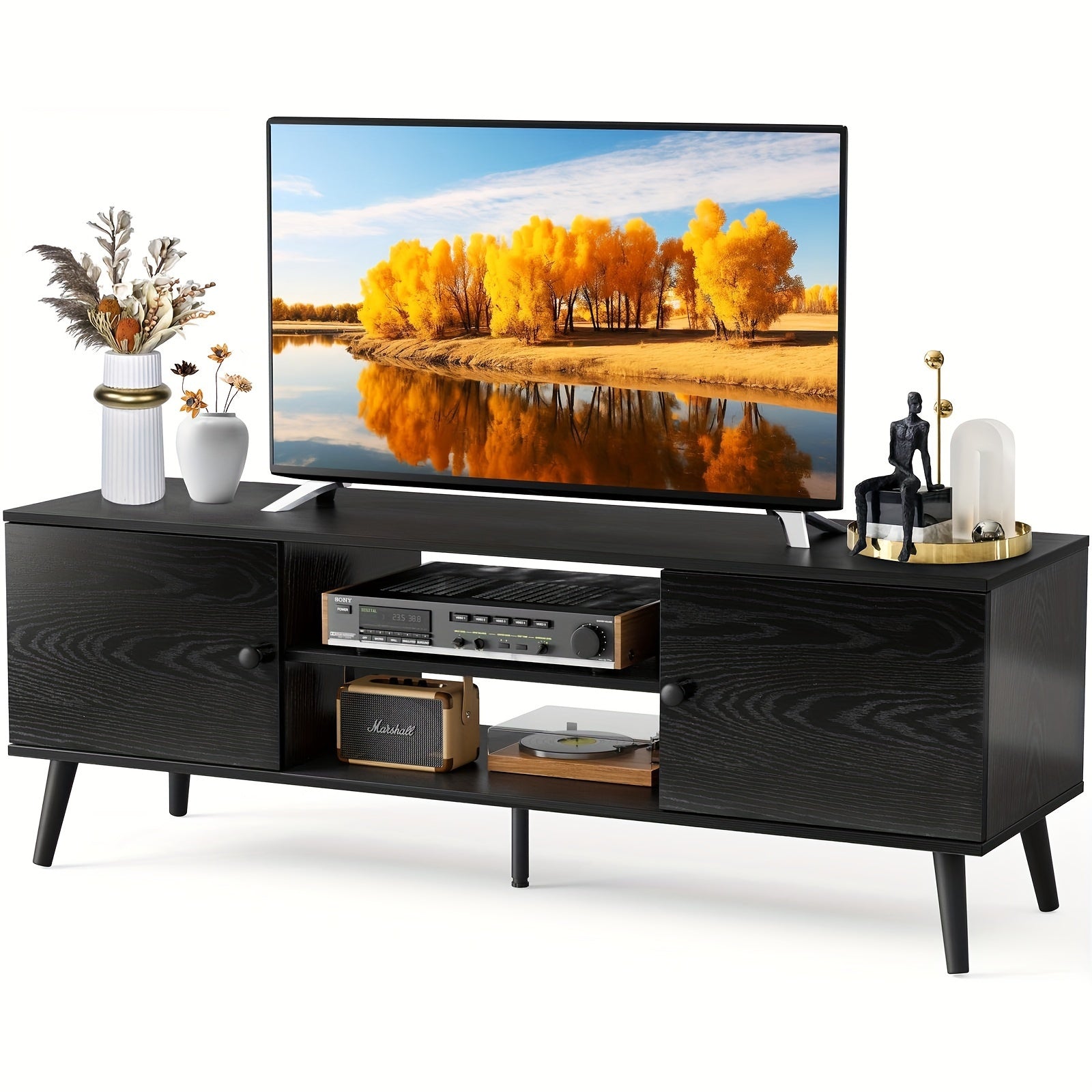 Mid-Century Modern TV Stand With Storage, Entertainment Center For 140-152cm TV, Media Console Table With Adjustable Shelf, Wooden TV Cabinet For Living Room, Bedroom Or Office, 2 Cabinet Television Stand