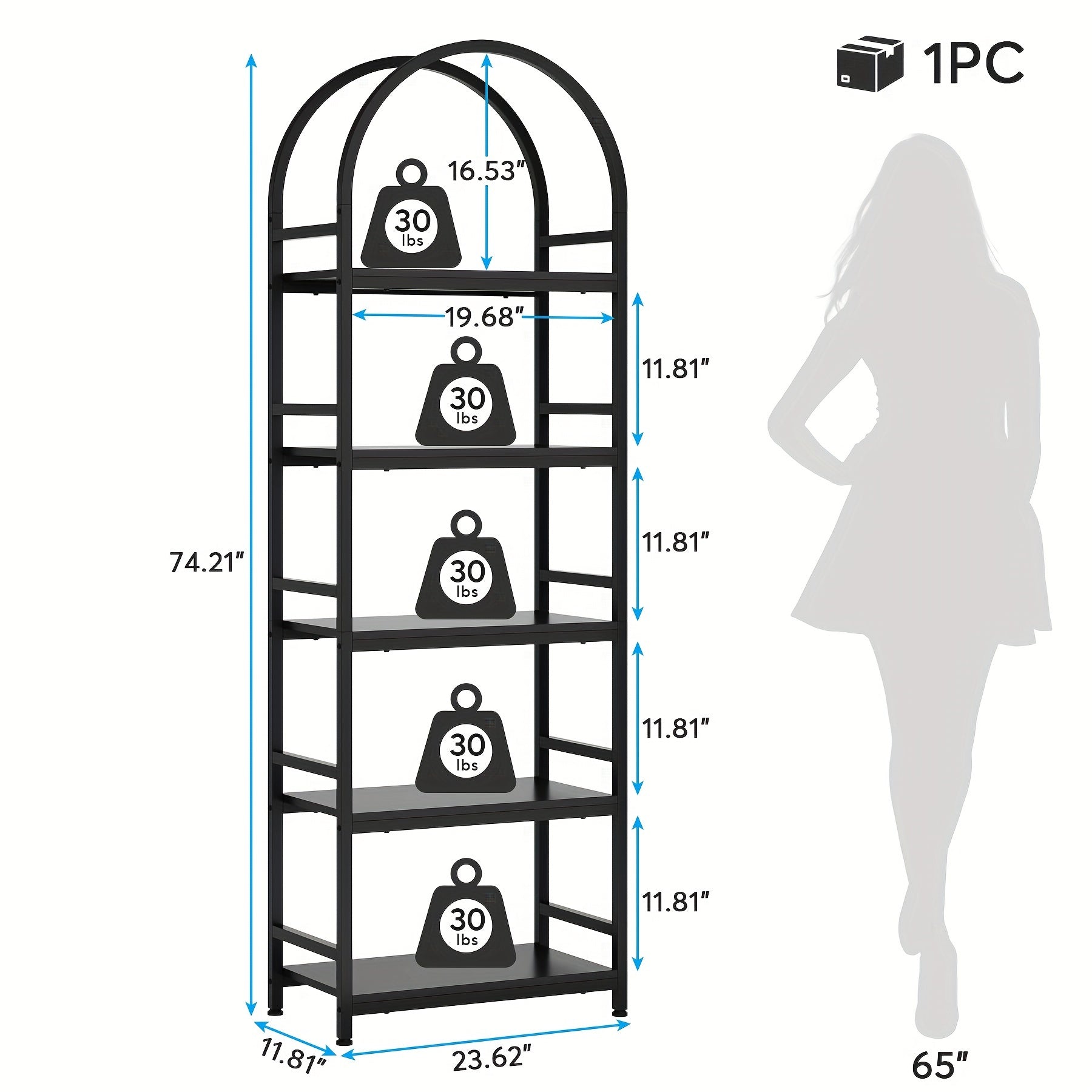 5-Tier Open Bookshelf, 190cm Industrial Arched Bookcase Storage Shelves with Metal Frame, Farmhouse Storage Rack Tall Standing Bookshelves for Bedroom, Living Room, Home Office