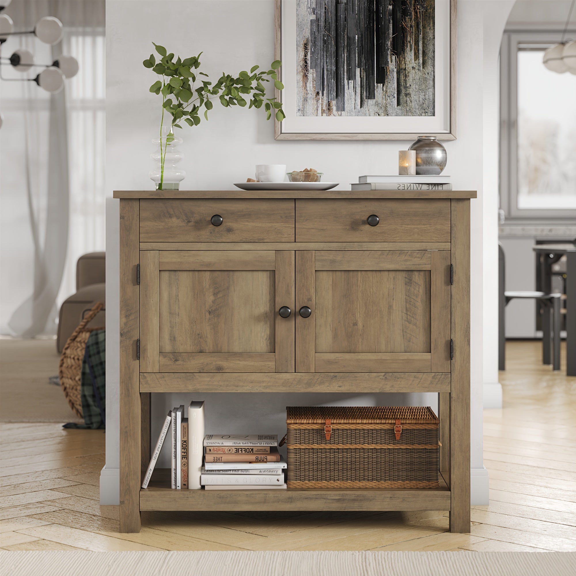 Farmhouse Console Table with 2-Door Cabinet & 2 Drawers, Coffee Bar, Entryway Table with Storage Shelf, Sofa Table Buffet Sideboard for Kitchen, Hallway, Entryway, Dining, Living Room, Ash Gray, Rustic Brown, White +" (Dimensions in cm)