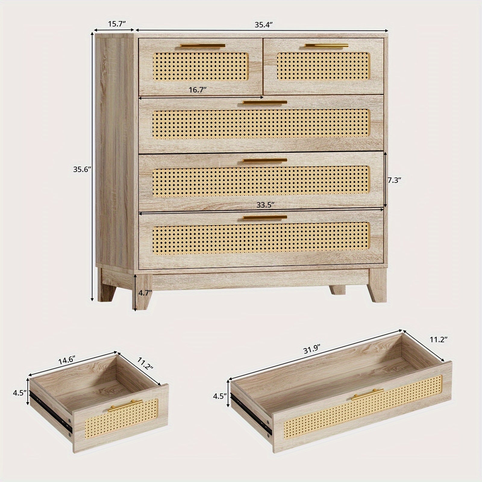 90cm Rattan Storage Sideboard Cabinet With 5 Drawers