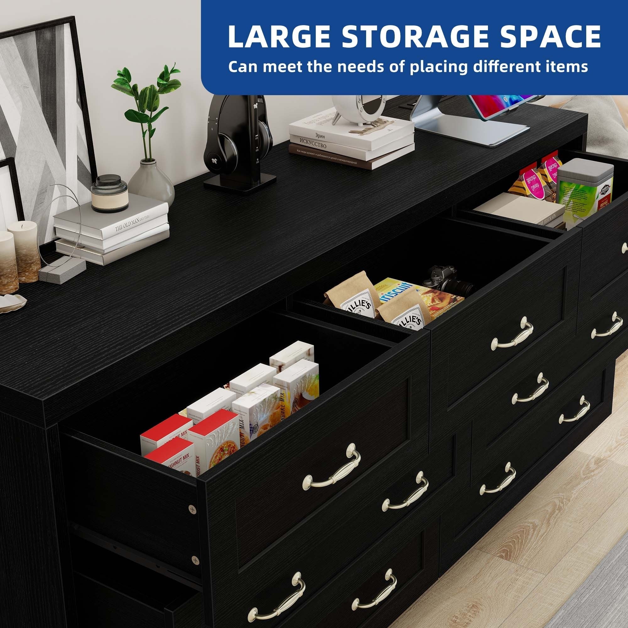 Elegant 7- Drawer Wood Dresser with Charging Station: Versatile Storage Cabinet for Bedroom, Entryway, and Living Room