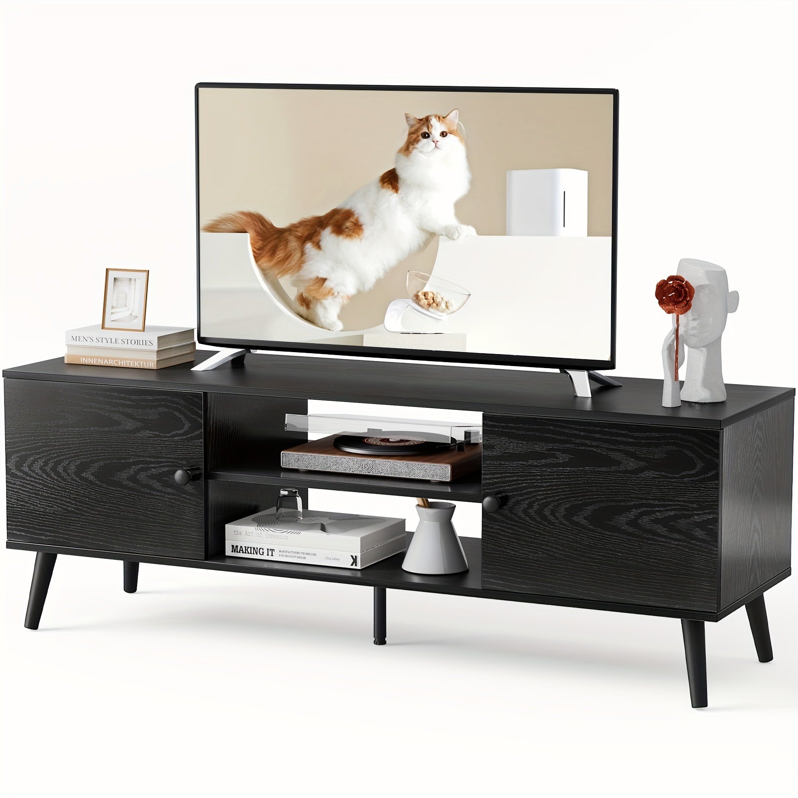 TV Stand for 152cm Television, Entertainment Center with Storage, 2 Cabinet Media Console Table, Soft Hinge Door with Handle, Wood Feet, Office Furniture