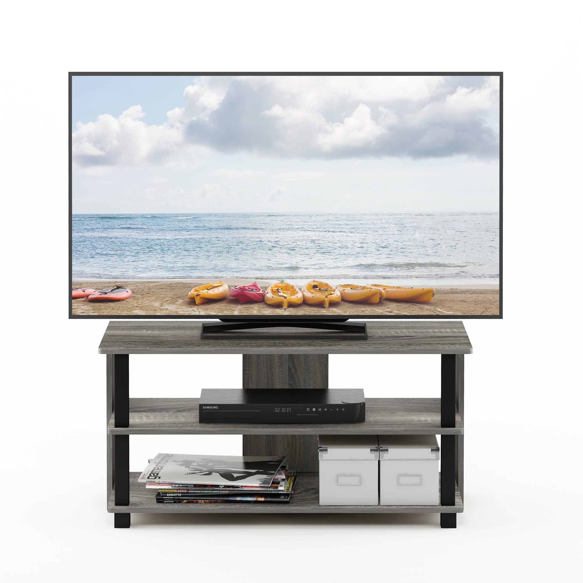 Modern 3-Tier TV Stand for Up to 102cm TVs, Freestanding Wooden Media Shelf with Risers, Contemporary Style, Under 27" High