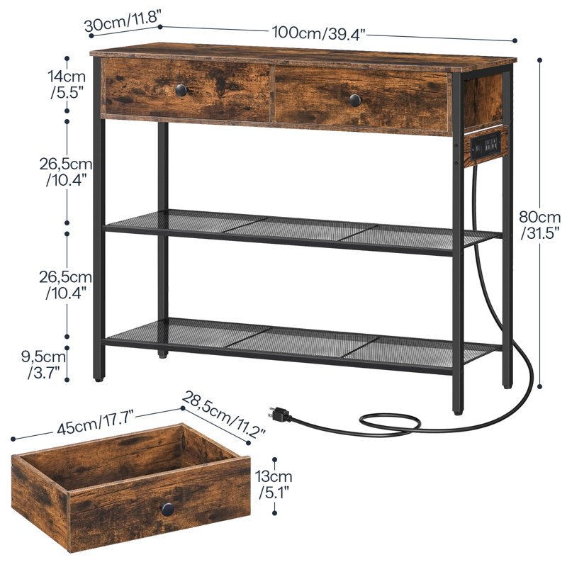 100 cm Narrow Console Table, 2 Drawer Console Table, Entry Table with Charging Station, Small Entry Table with Storage Rack, Thin Sofa Table, Side Table, Suitable for Living Room and Corridor