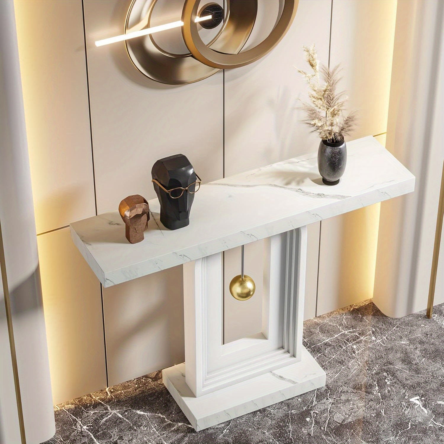 Elegant 102 cm Narrow Console Table with Geometric Pendulum Base - Faux Marble Top, Waterproof, Ideal for Living Room, Hallway, Entryway - Chic White & Golden Accent Table for Decorative Ornaments Display, Box, Cabinet, Rack