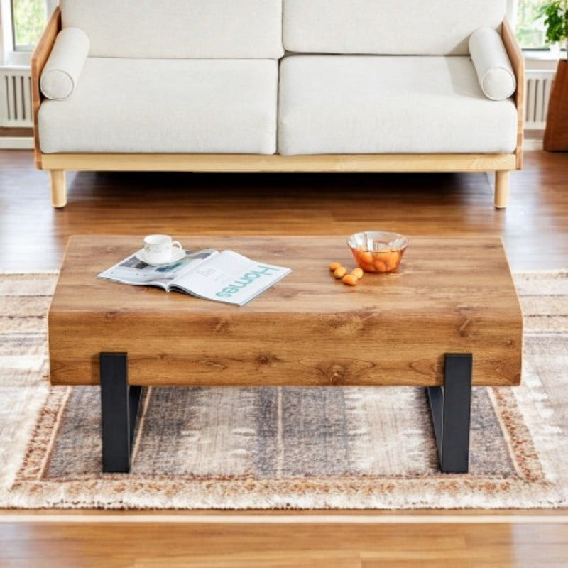 1pc Rustic Solid Wood Coffee Table with Metal Legs - Casual Style, Freestanding, Hard & Soft Wood Construction, Under 3.2 Cubic Feet Storage, Less Than 27 Inch Height