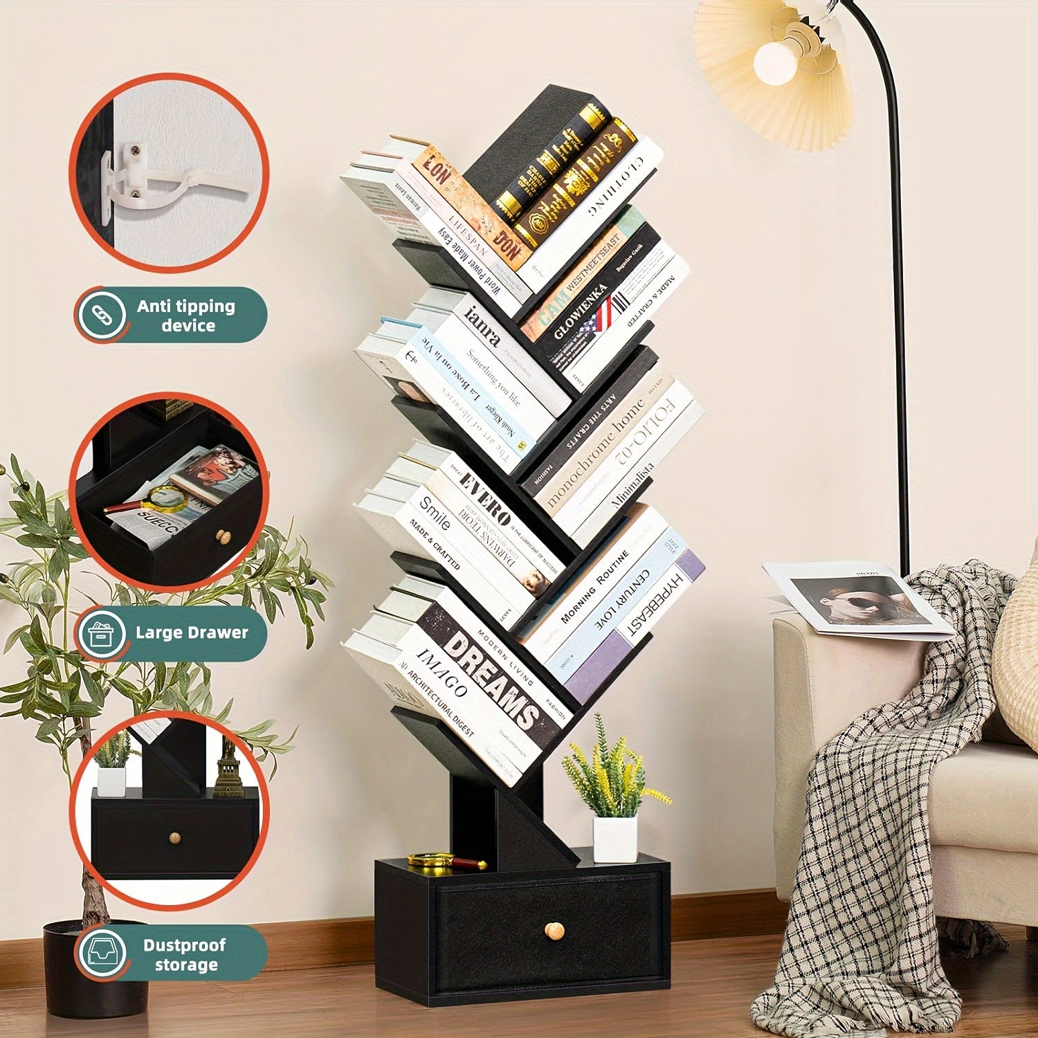 8 Tier Tree Bookshelf With Drawer, Free Standing Wood Bookcase For Living Room, Bedroom, Home Office, Space Saving Storage Organizer Bookshelves For Books, CDs, Vinyl Records- Black