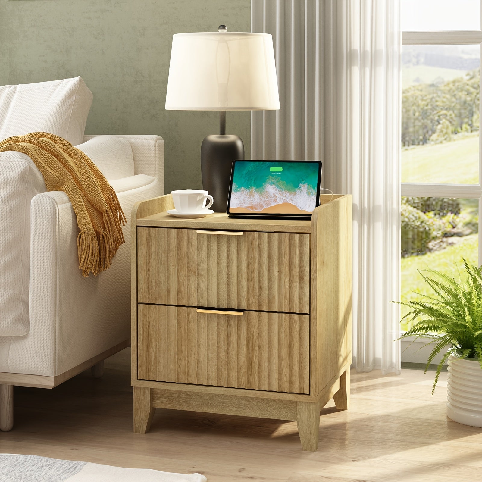 Modern Wood Bedside Table With 2 Drawers And Storage, Farmhouse Fluted Nightstand With Charging Station For Bedroom Or Living Room