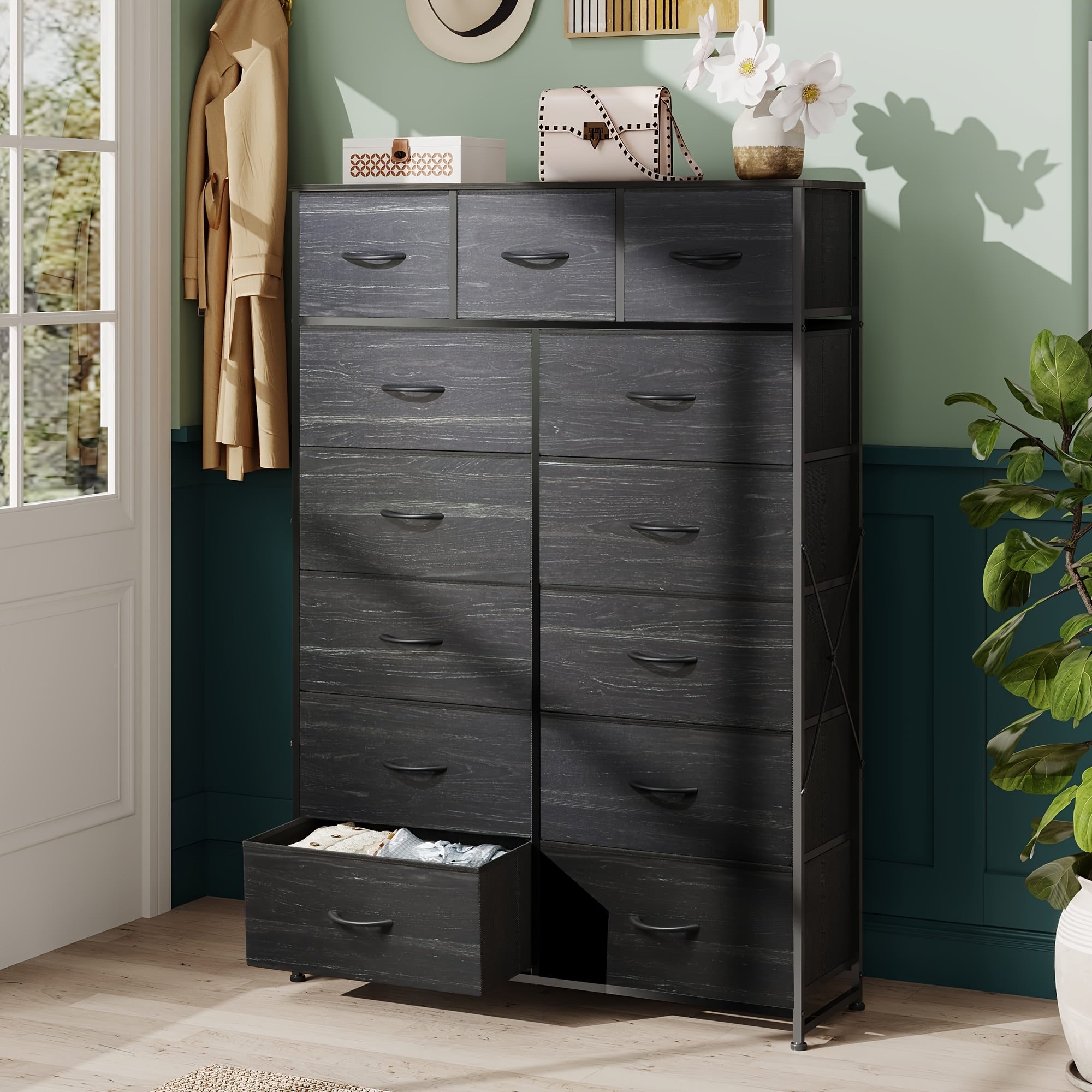 Tall Dresser for Bedroom with 13 Drawers, Storage Dresser Organizer Unit, Fabric Dresser for Bedroom, Closet, Chest of Drawers, Steel Frame, Wood Top, Charcoal Black Wood Grain Print