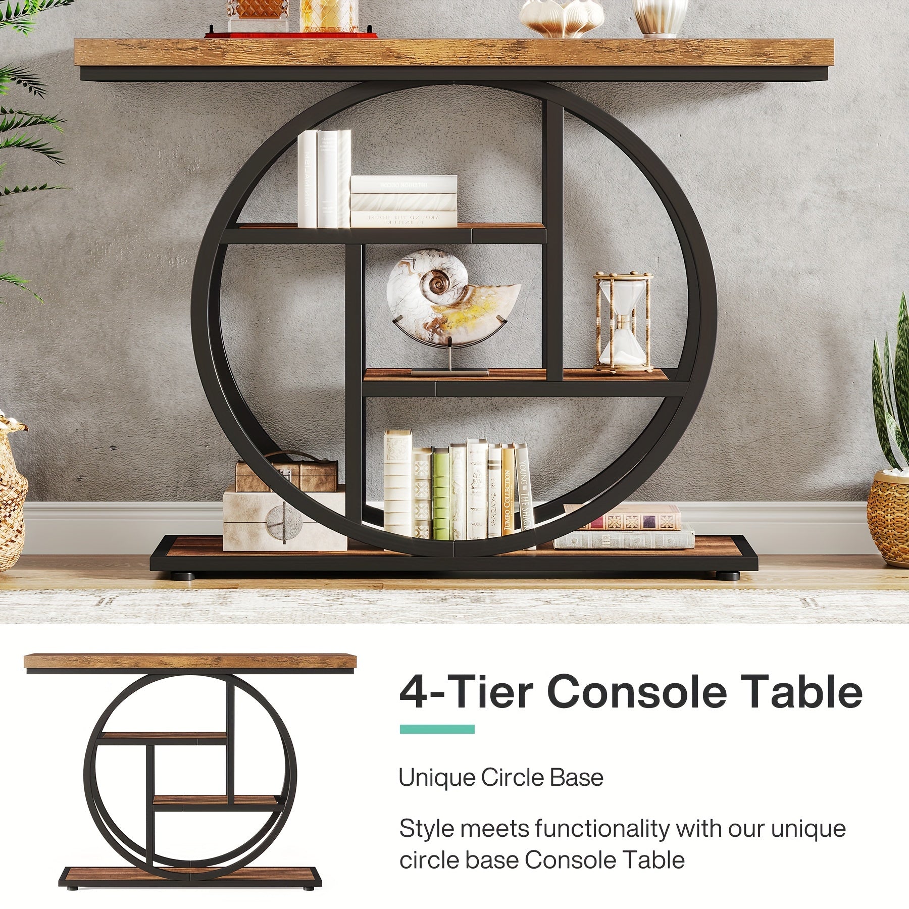 105.2 cm Console Table, 4-Tier Sofa Table Entryway Table with Circle Base, Narrow Accent Tables with Storage Shelves for Living Room, Hallway, Foyer, Rustic Brown