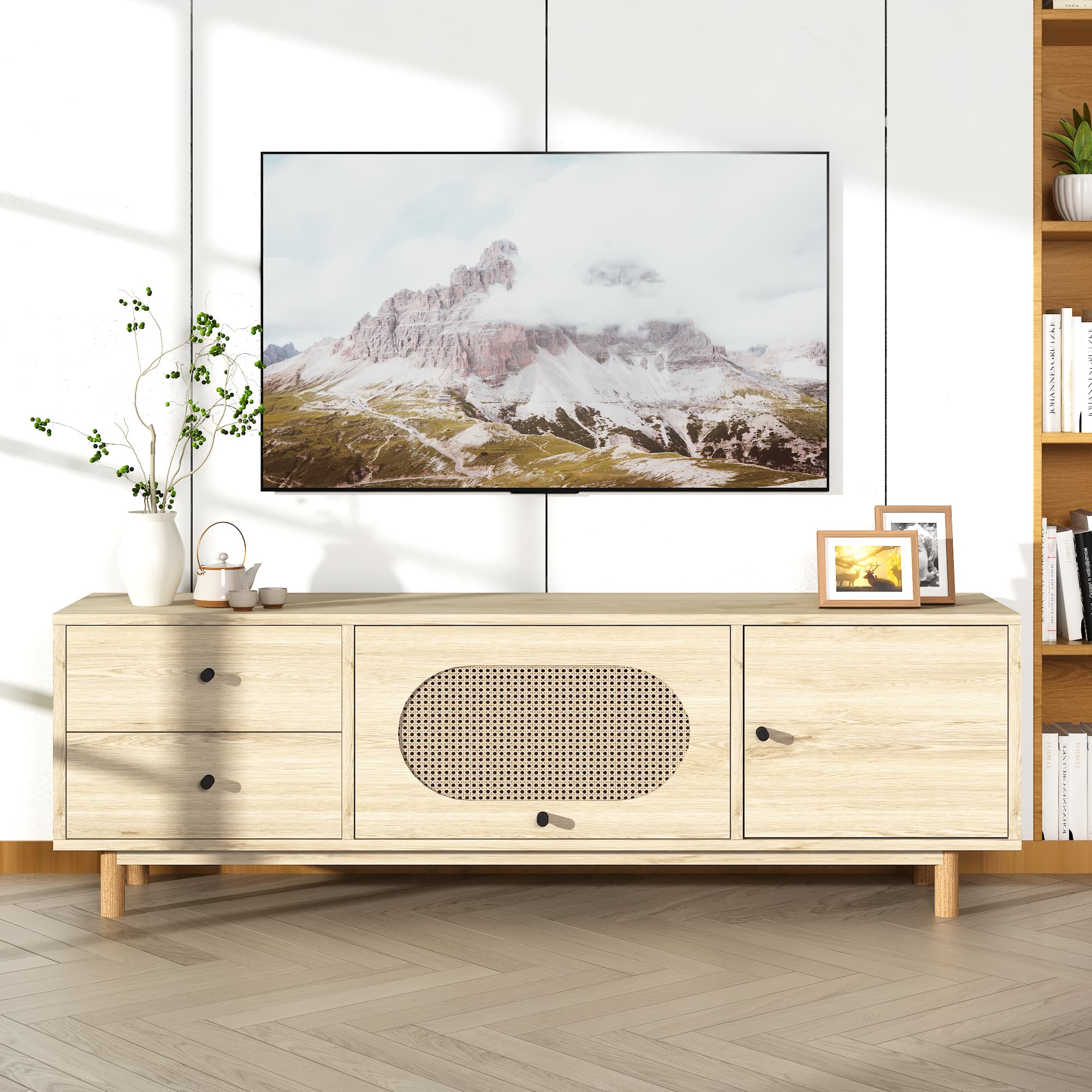 Rattan TV Stand for 55 Inch TV, Entertainment Center with Storage, TV Stand Storage Cabinet Media Console Table with 2 Cabinets and Doors, Boho Media TV Console for Living Room, Bedroom