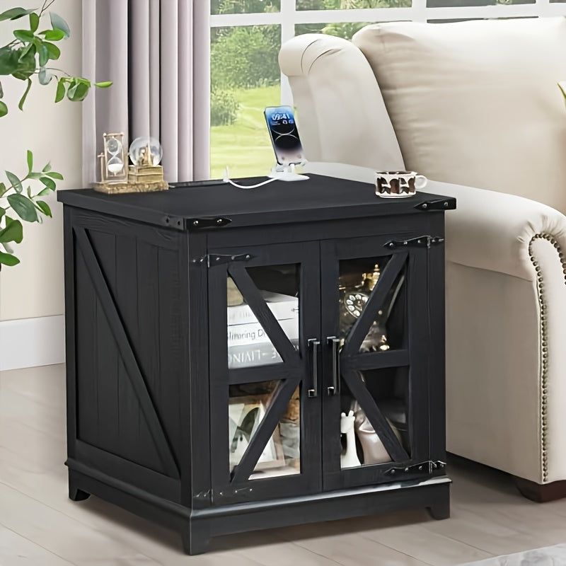 Farmhouse End Table With Charging Station, 60cm Large Sofa Side Table With Glass Barn Door, Black Nightstand With Adjustable Storage Shelf, Wood Square Bedside Table For Living Room, Bedroom