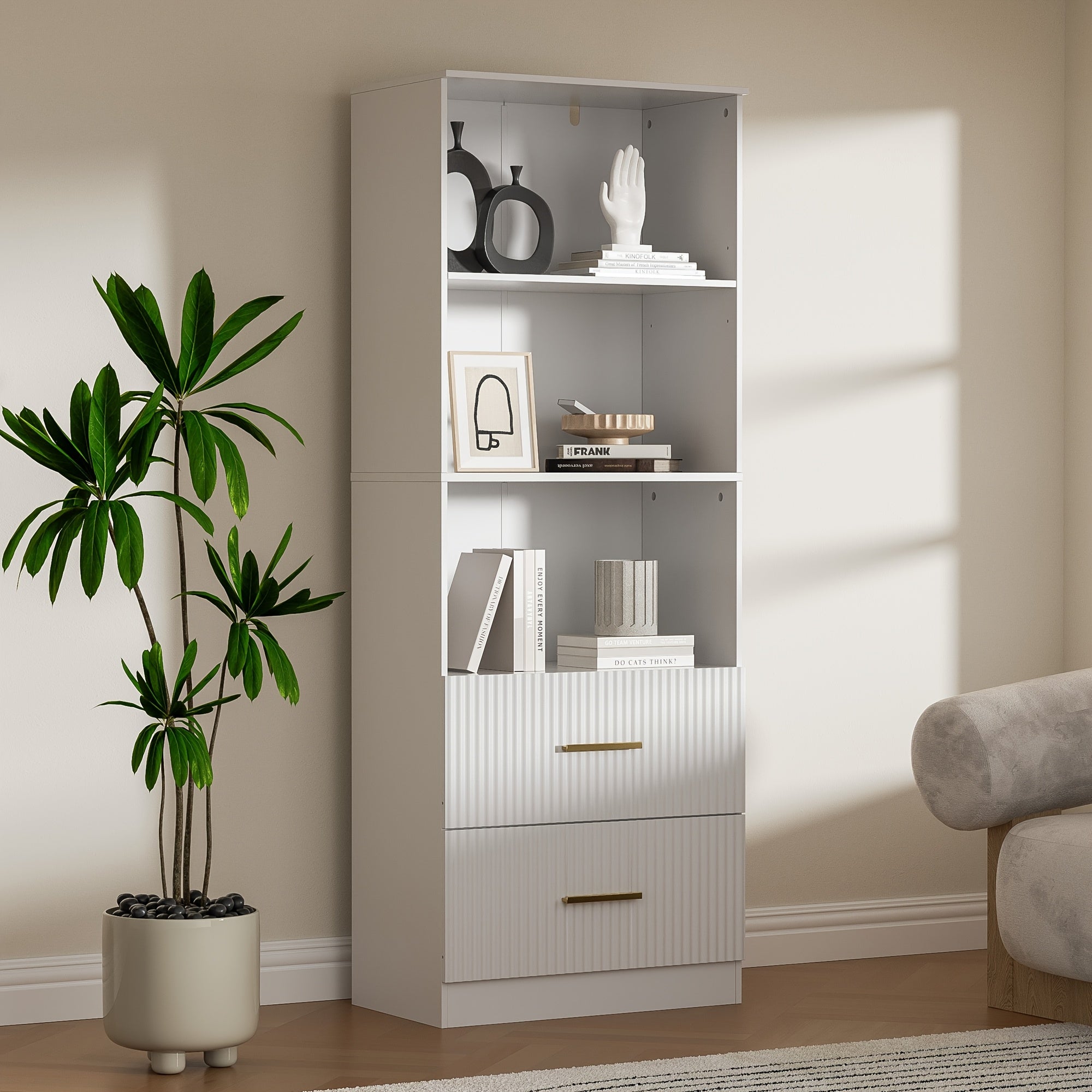 160cm tall bookshelf with 2 drawers, 3-layer modern bookshelf with adjustable shelves, corner open cube shelf, floor display bookshelf, suitable for living room, bedroom, office, white/black/rubber