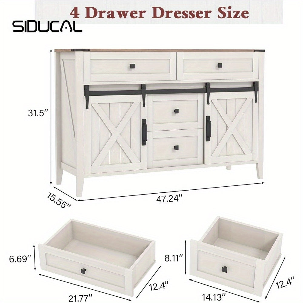 Farmhouse Dresser for Bedroom, 120cm Sliding Barn Door Wood Texture Rustic Chest of Drawers 4 Drawers Dresser TV Stand for Bedroom, Neoclassical White