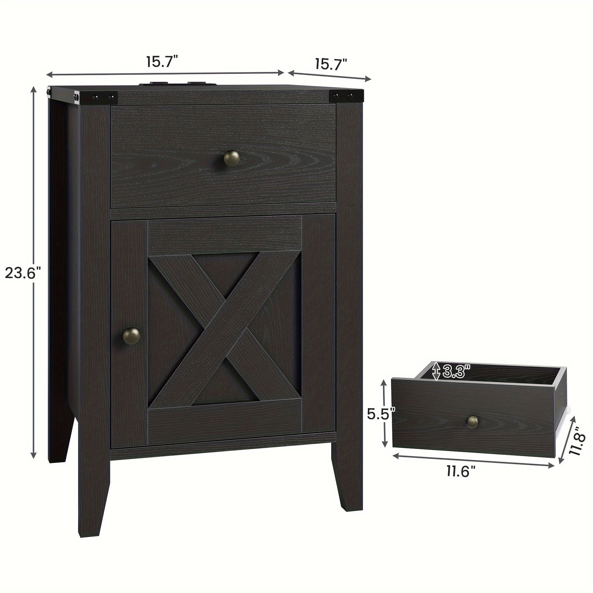 Bedroom 2pcs Set Bedside Table, Country Style Side Table with Large Drawer and Storage Cabinet