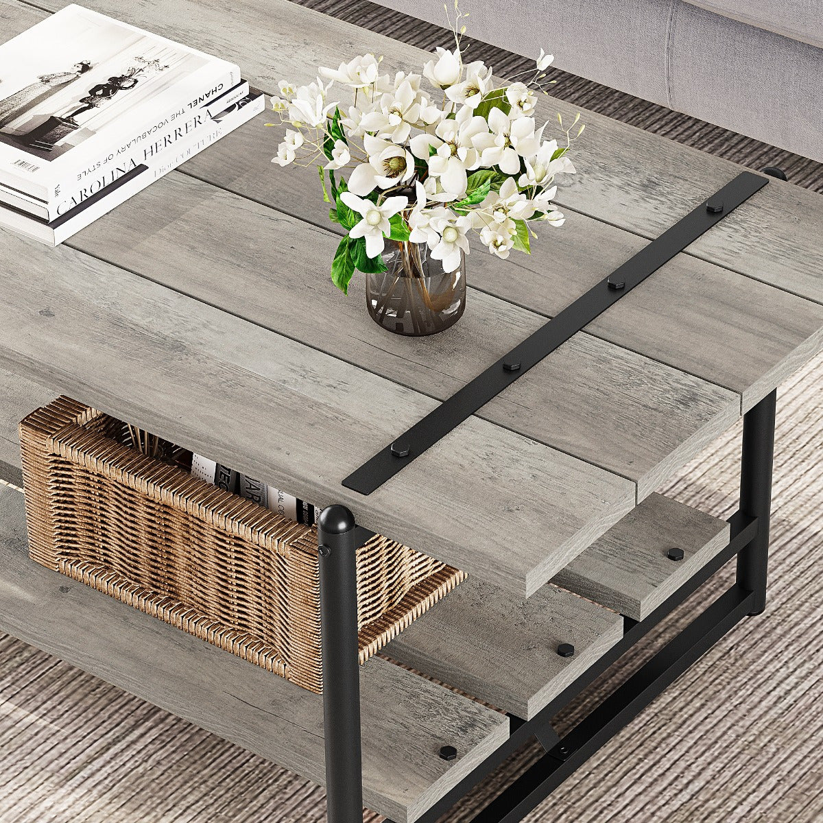 101cm Large 2-Tier Gray Wood Coffee Table with Storage Shelf - Farmhouse Modern Rustic Metal Rectangle Center Living Room Coffee Table Accent Furniture for Home Office