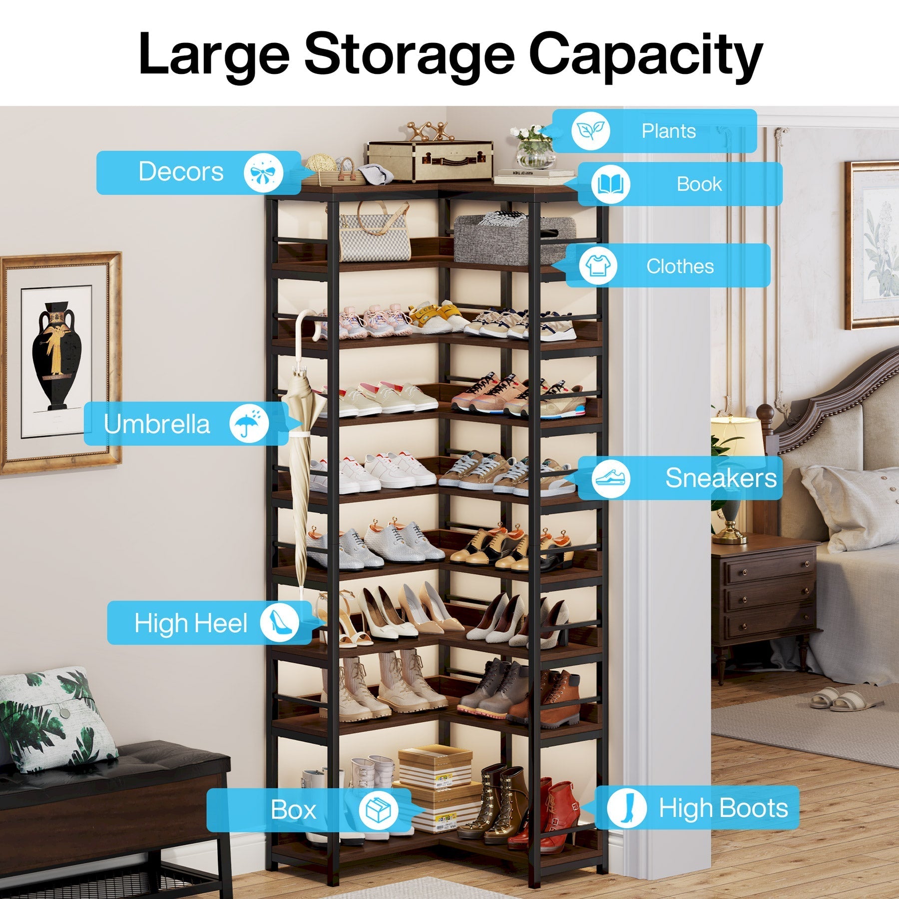 9-Tier Corner Shoe Rack, Freestanding Shoe Storage Shelf (in cm)