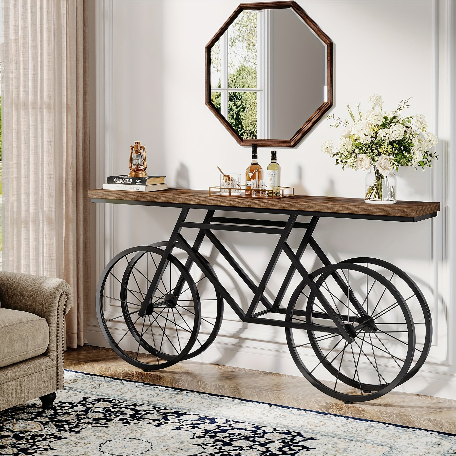 180 cm Farmhouse Extra Long Console Table, Modern Narrow Sofa Table with Bicycle Metal Base, Industrial Entryway Accent Table for Living Room, Bedroom, Hallway, Entrance, Foyer, Rustic Brown, Christmas