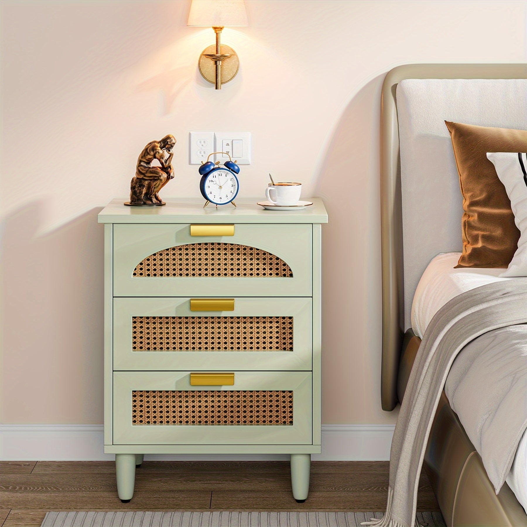 Mint Green 3-Drawer Rattan Nightstand, Bedside End Table, Space-Saving Side Table For Bedroom And Compact Areas, Easy To Assemble Storage Drawer Units