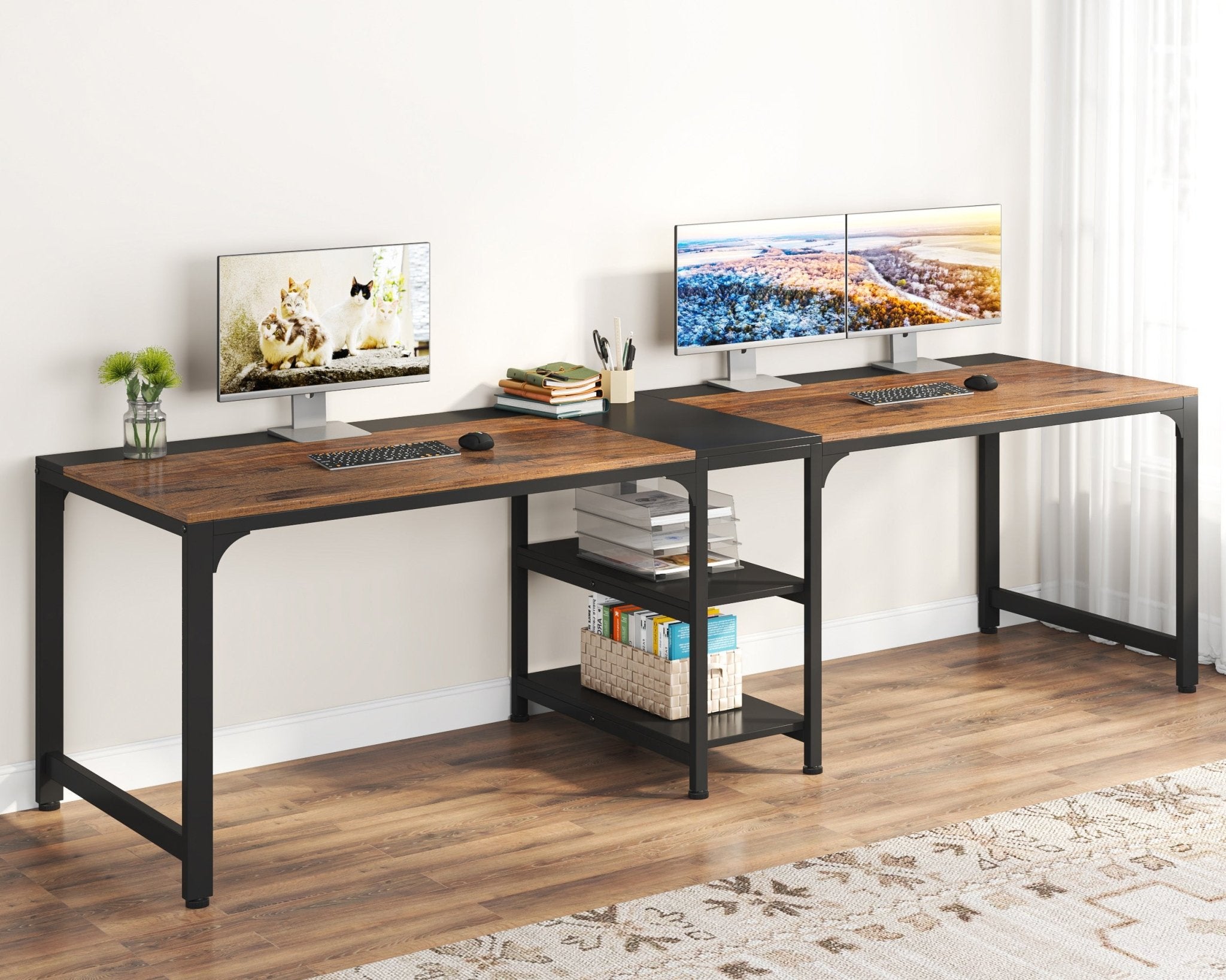 229.87 cm Two Person Desk, Double Computer Desk with Storage Shelves