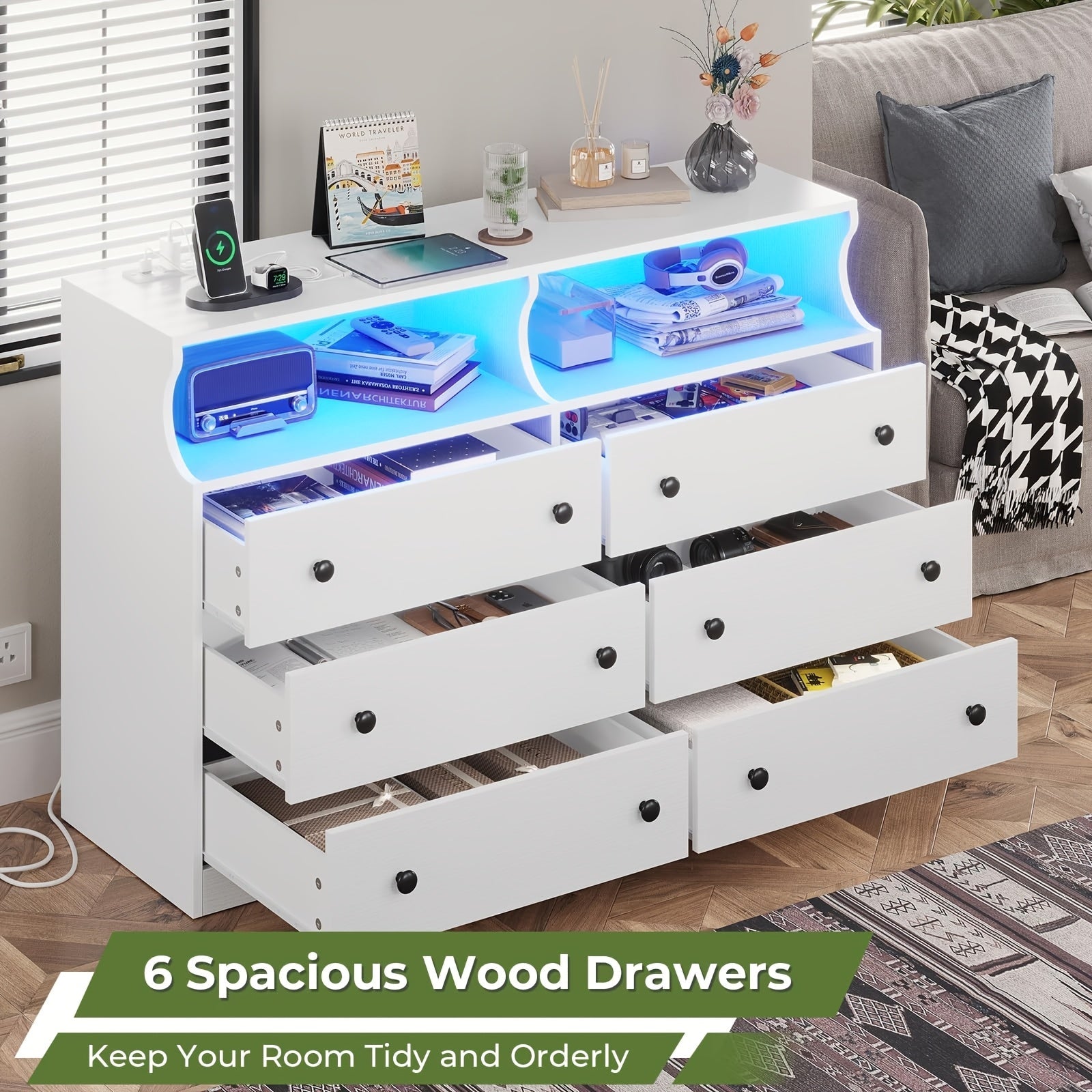 Bedroom Dresser, 6 Drawer Double Dresser With Charging Station With Open Storage, White