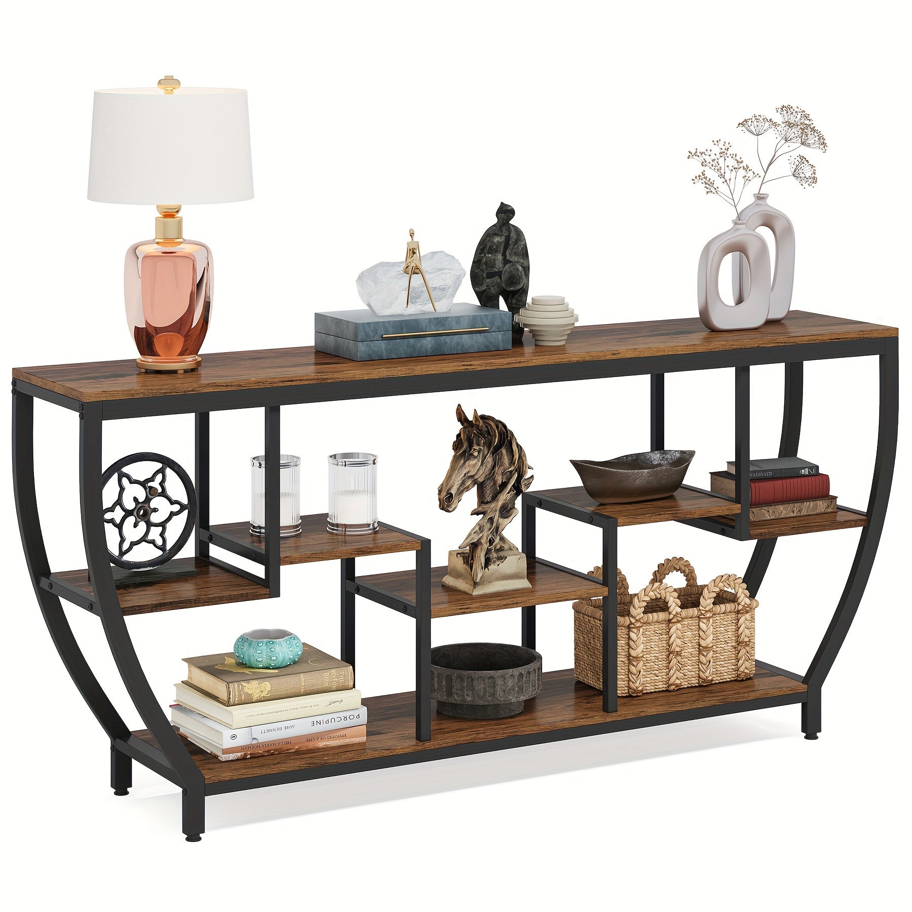 Modern Industrial 180cm TV Console Table with Three Layer Open Storage Shelves for Living Room Dining Room Furniture