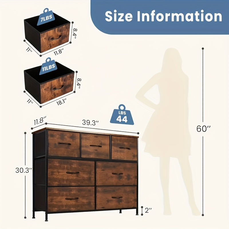 Wide Fabric Dresser, 7 Drawer Dresser TV Stand For 45" TV, Dressers Bedroom Furniture Large Storage Tower Unit With Fabric Bins, Dresser For Bedroom, Closet, Hallway, Rustic Brown