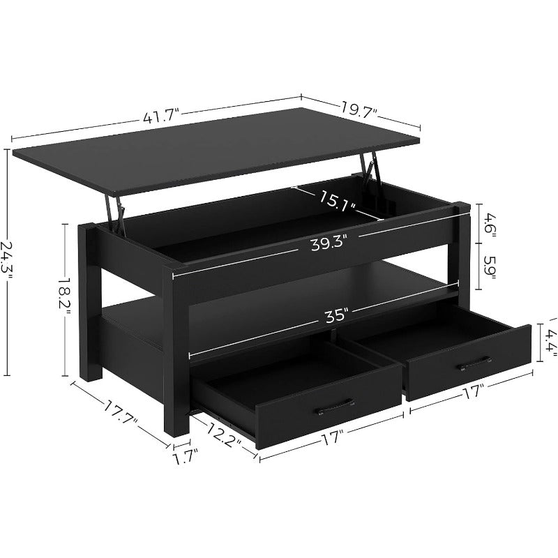 Coffee Table, 120cm Lift Top Coffee Table with Drawers and Hidden Compartment, Retro Central Table with Wooden Lift Tabletop, for Living Room