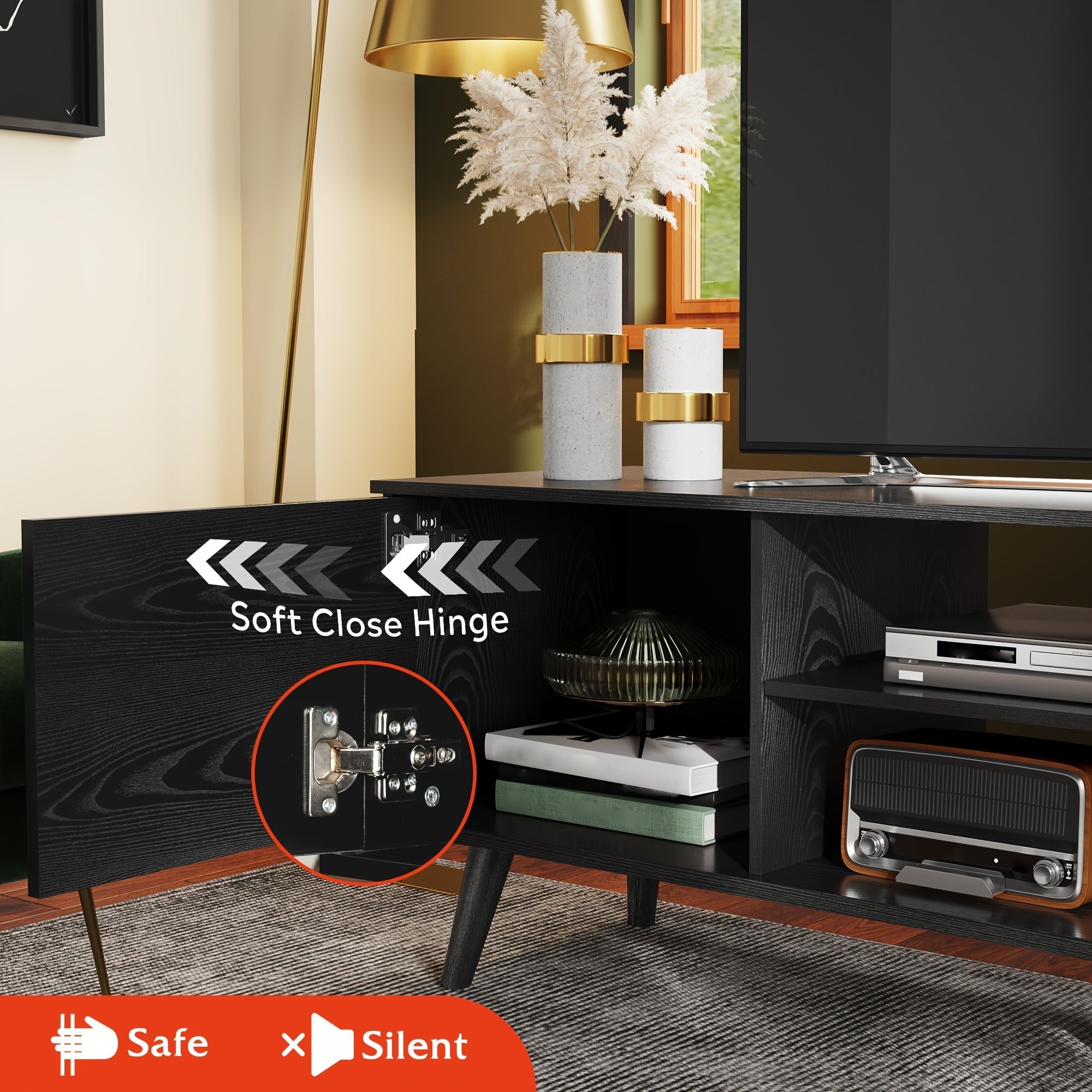 TV Stand For 55 60 Inch TV, Boho Entertainment Center With Storage Cabinets, TV Console For Living Room Decor