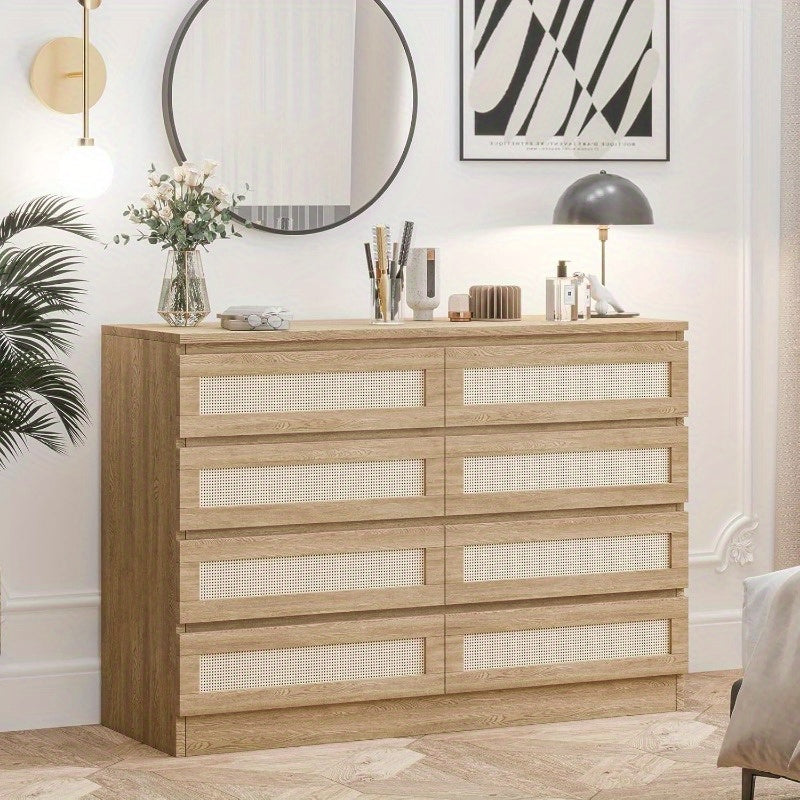 Rattan Dresser for Bedroom, Modern 8 Drawer Wooden Dresser Chest, Wide Wood Beside Table for Closet, Nursery, Living Room and Entryway, Natural