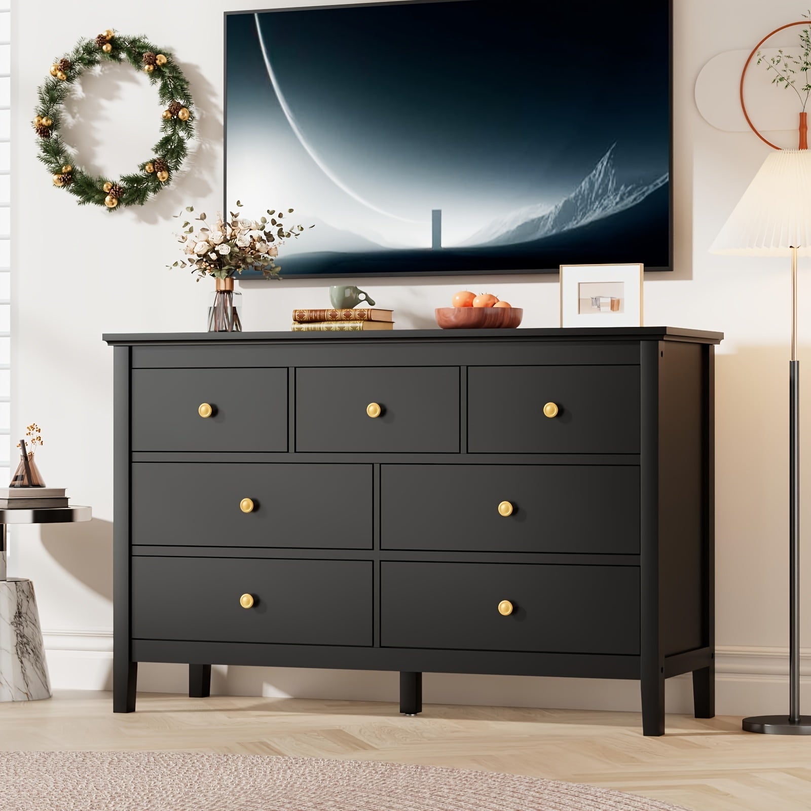 Dresser for Bedroom, 7 Drawer Dresser with Wide Drawers and Metal Handles, Gold Modern Dressers & Chests of Drawers for Hallyway, Entryway.