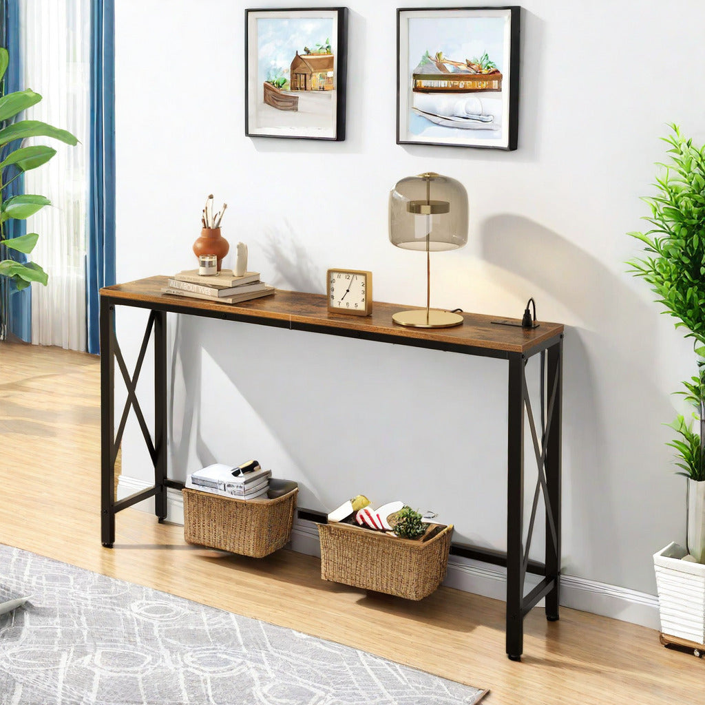 Console Table with Power Outlet, Sofa Table with Charging Station, Narrow Entryway Table, Skinny Hallway Table, Behind Couch Table 100 x 30/20, 140 x 30/20, 180 x 30/20 Farmhouse Table Behind Sofa Couch H