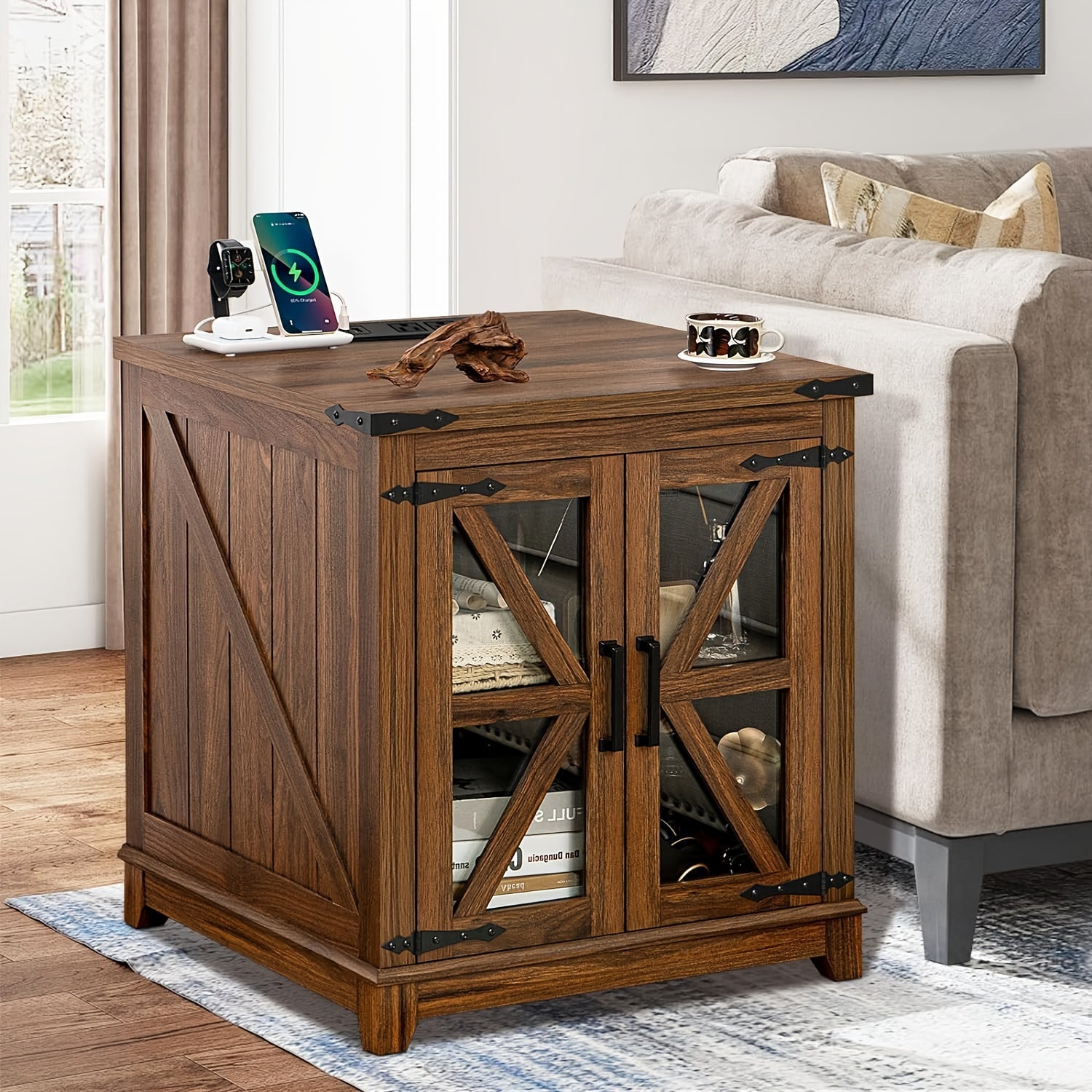 Farmhouse End Table With Charging Station, 46cm Large Sofa Side Table With Glass Barn Door, Brown Nightstand With Adjustable Storage Shelf, Wood Square Bedside Table For Living Room, Bedroom