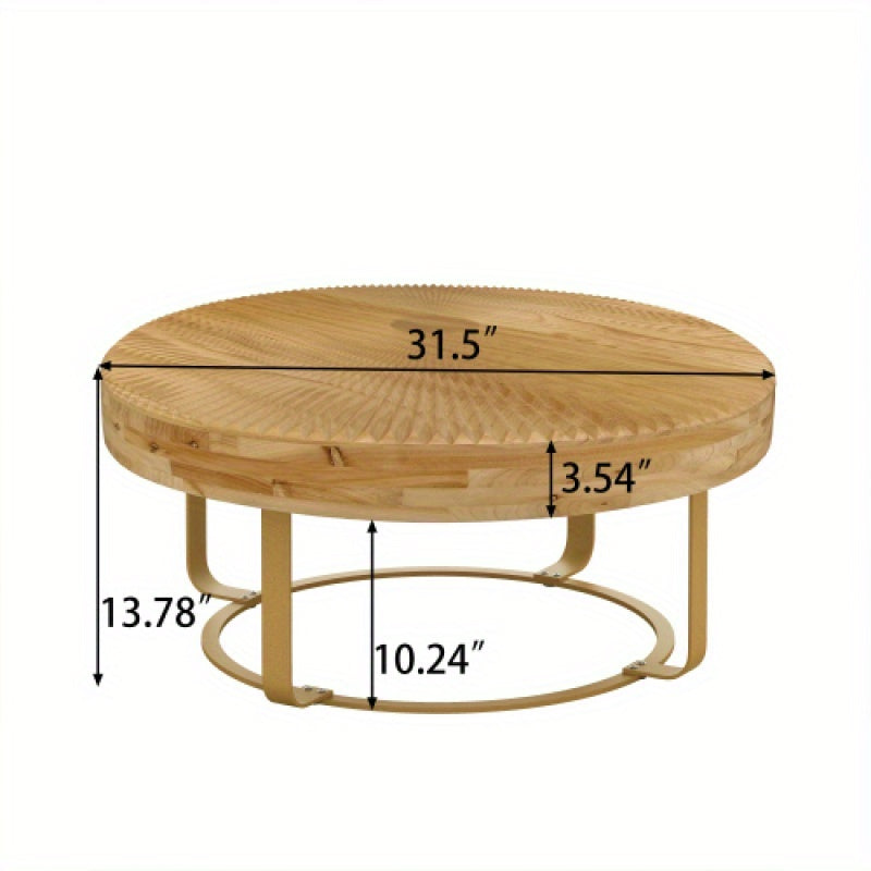 Modern Round Coffee Table Wooden Carving Pattern Coffee Table with Metal Legs for Living Room Reception Room Office Golden