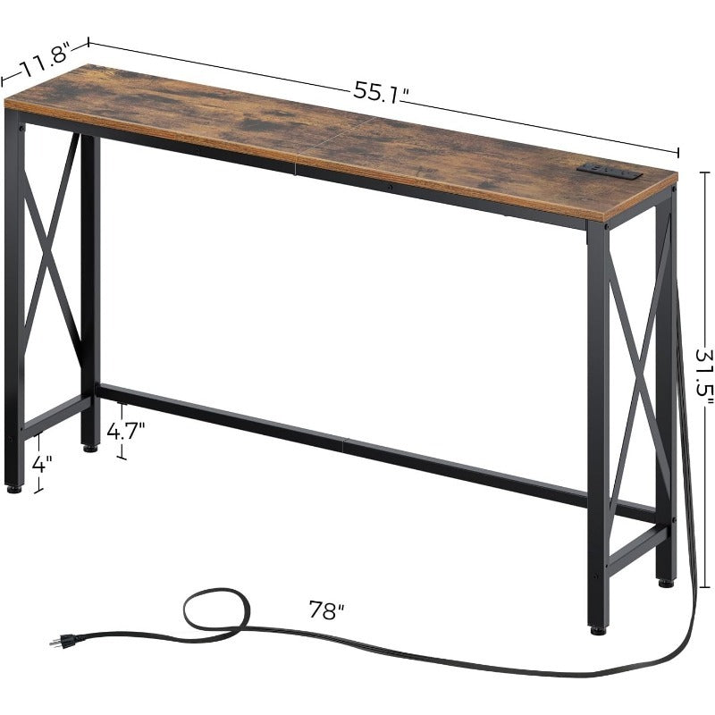 Console Table with Power Outlet, Sofa Table with Charging Station, Narrow Entryway Table, Skinny Hallway Table, Behind Couch Table 100 x 30/20, 140 x 30/20, 180 x 30/20 Farmhouse Table Behind Sofa Couch H