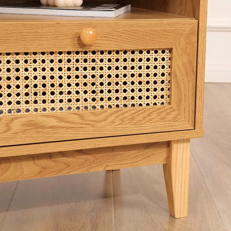 Nightstand with Natural Rattan Door Rattan Drawer; Wooden Bedside Table End Table for Living Room and Bedroom