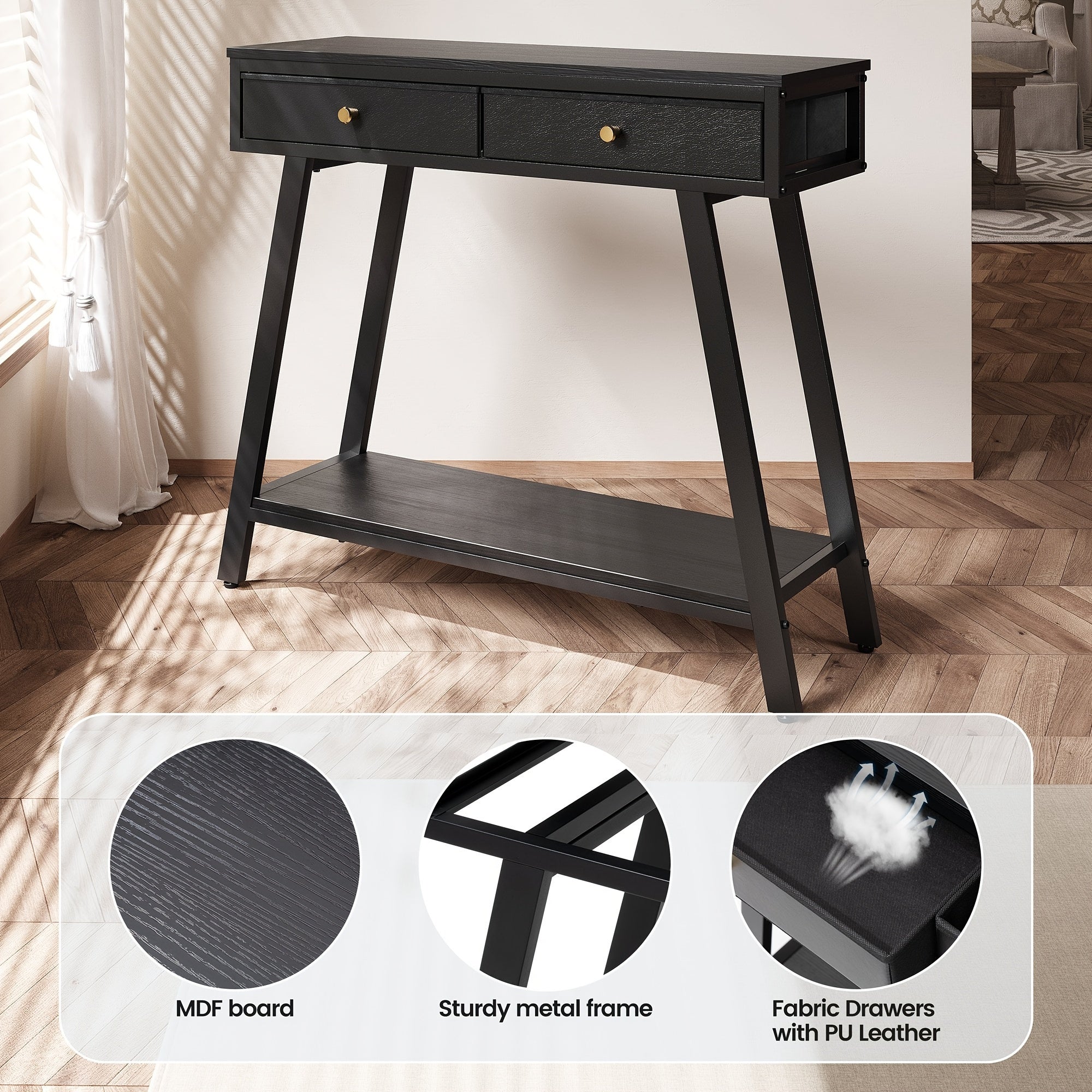 1pc Black 2-Tier Entryway Side Table, 2-Drawer Console Table (Dimensions in cm)