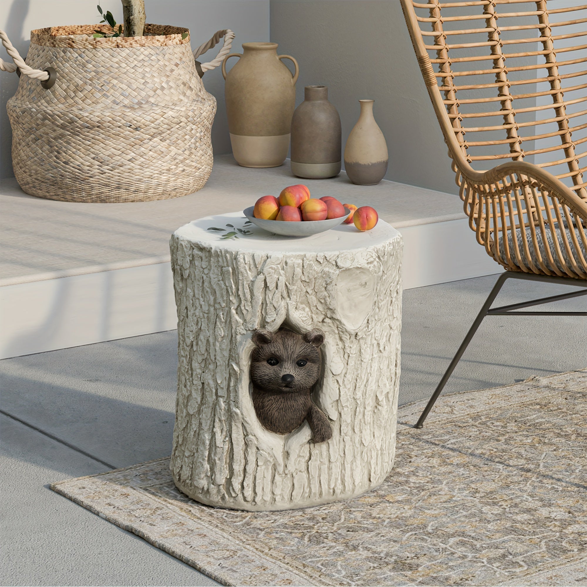 Concrete Side Table, Outdoor Side Table for Patio, 14-inch Raccoon Accent Table Patio Side Table End Table, Patio Ceramic Side Table Garden Stool Log Table