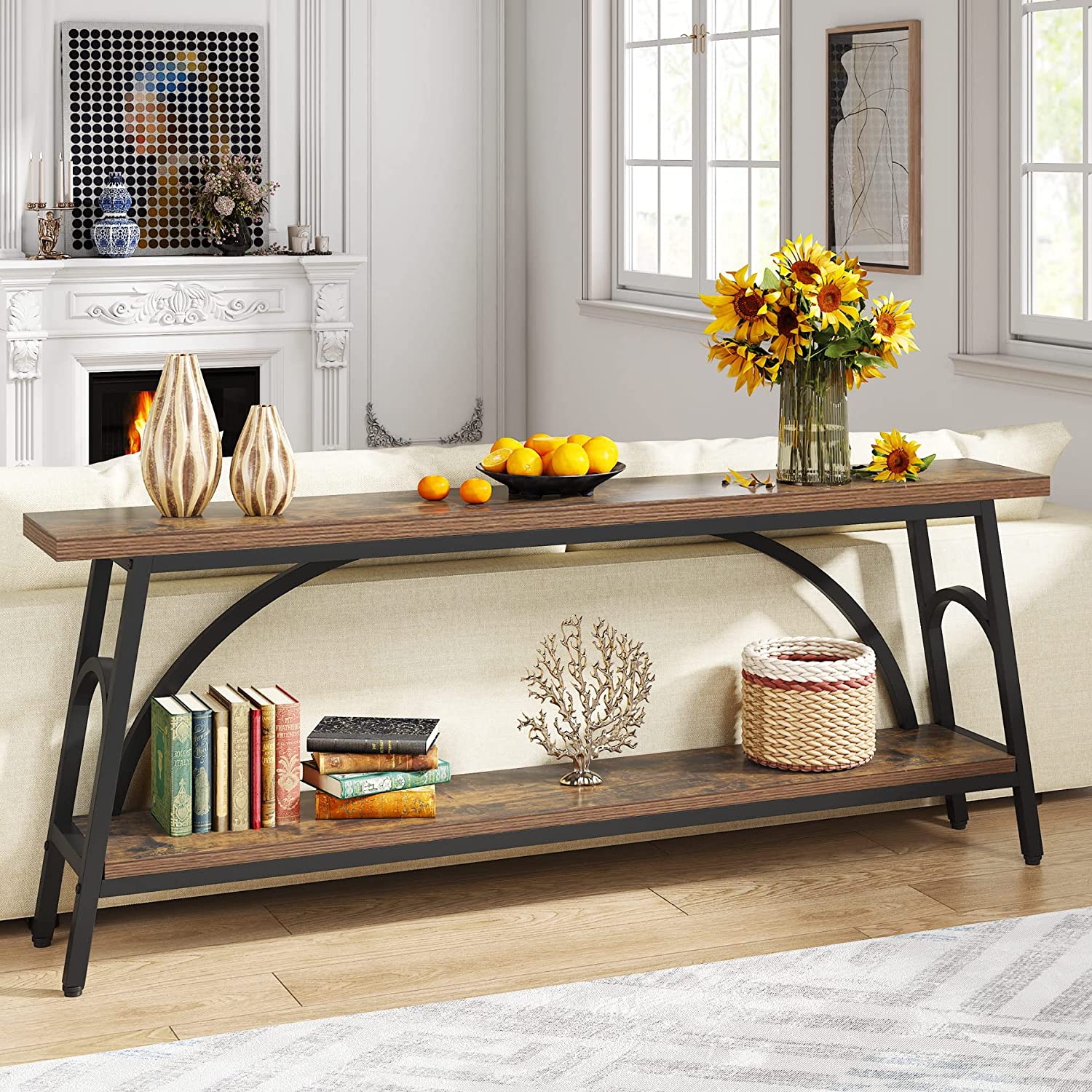 2-Tier Console Table, 180 cm Sofa Table Hallway Table with Open Shelves