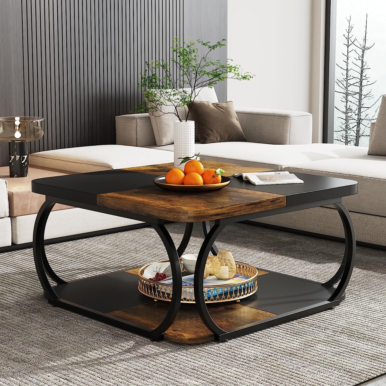 Square Coffee Table, 99 cm Central Cocktail Table with 2-Tier Shelves