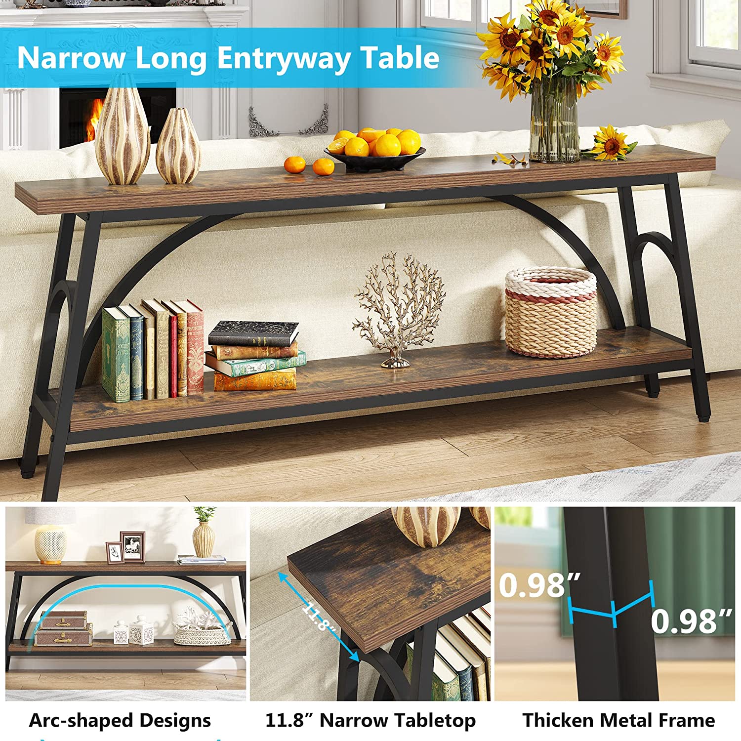 2-Tier Console Table, 180 cm Sofa Table Hallway Table with Open Shelves